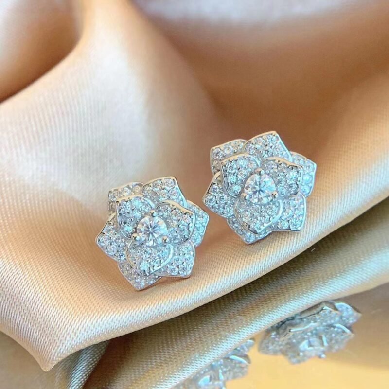 Full Drill Camellia Moissanite Stud Earrings in S925 Sterling Silver