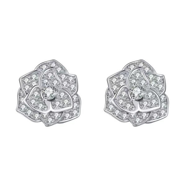 Full Drill Camellia Moissanite Stud Earrings in S925 Sterling Silver - Image 3