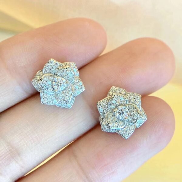 Full Drill Camellia Moissanite Stud Earrings in S925 Sterling Silver - Image 2