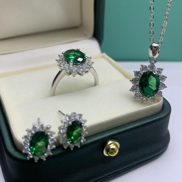 S925 Sterling Silver Jewelry Set: Moissanite & Emerald Necklace, Sunflower Earrings, Open Ring - Image 2
