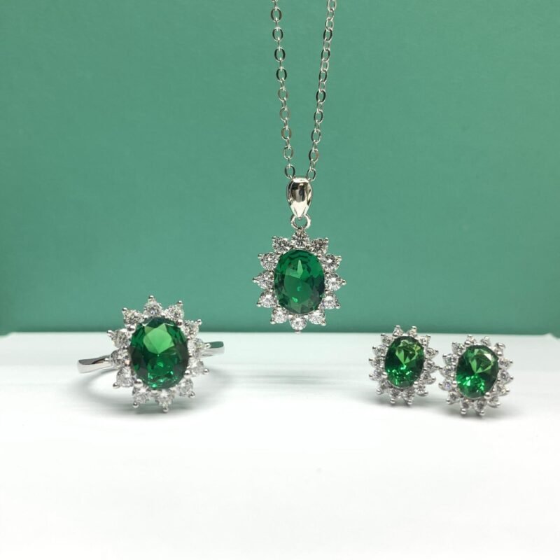 S925 Sterling Silver Jewelry Set: Moissanite & Emerald Necklace, Sunflower Earrings, Open Ring