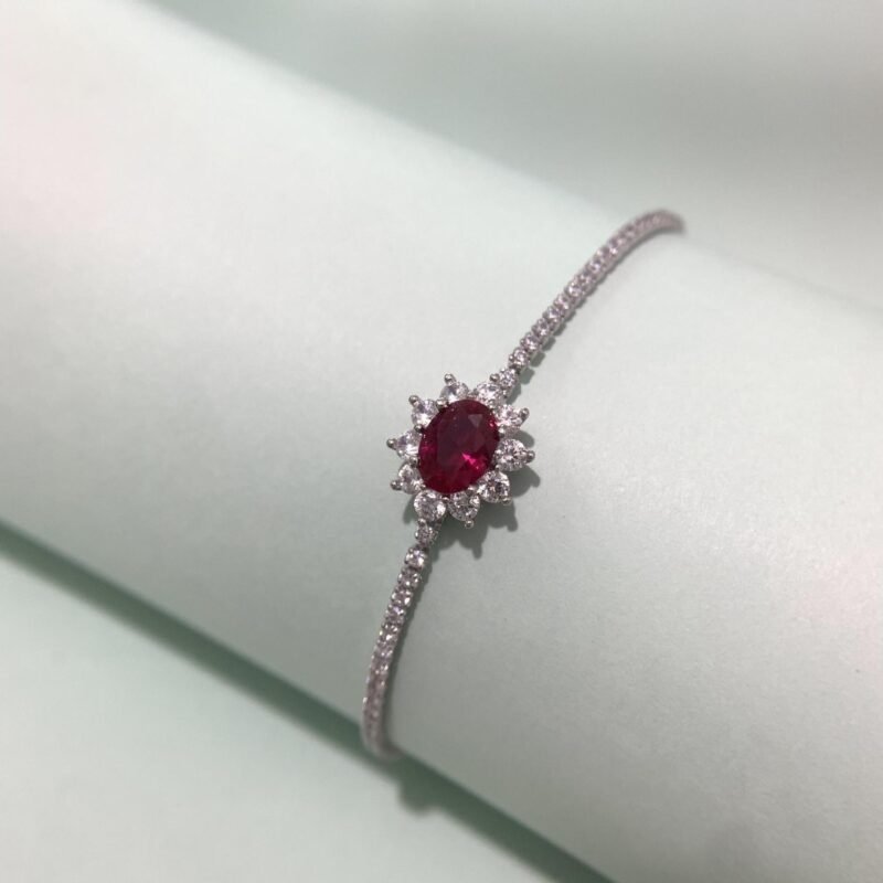 Adjustable S925 Sterling Silver Sunflower Bracelet, Adorned with Red Simulated Stones and a Circle of Sparkling Crystals